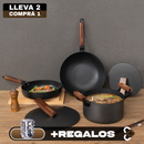 Conjunto de 2 Ollas y 1 Sartén Antiadherente en Acero Inoxidable con Mangos de Madera + REGALO: Porta Condimentos