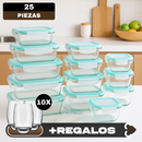 Kit de 15 Potes Herméticos de Vidrio +  Regalos: 10 Vasos de Vidrio Aruba