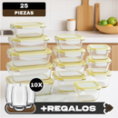 Kit de 15 Potes Herméticos de Vidrio +  Regalos: 10 Vasos de Vidrio Aruba