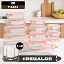 Kit de 15 Potes Herméticos de Vidrio +  Regalos: 10 Vasos de Vidrio Aruba